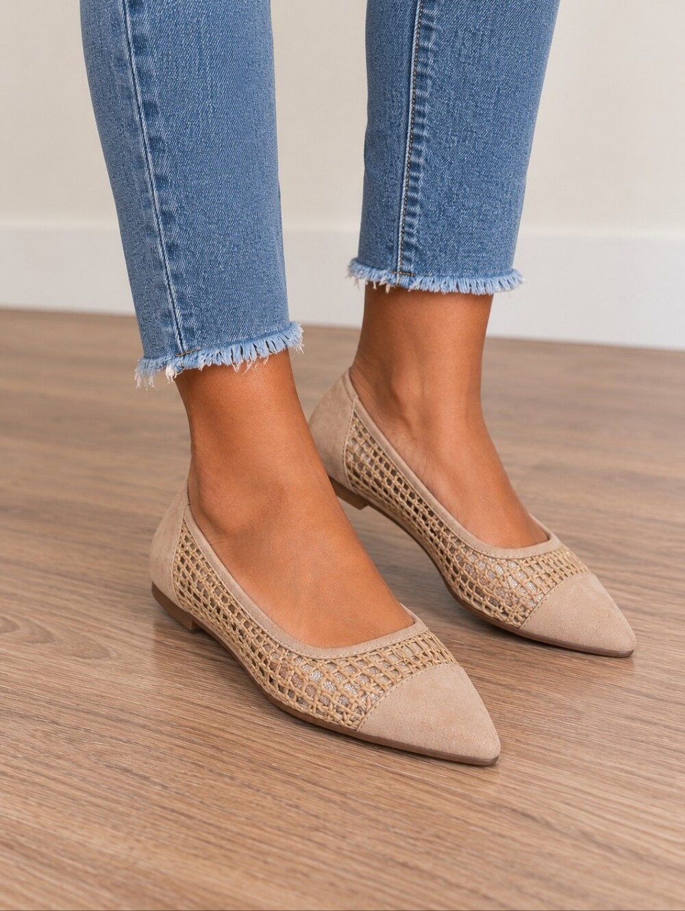 Jessica Simpson Beige Pointed-Toe Flats with Woven Detail